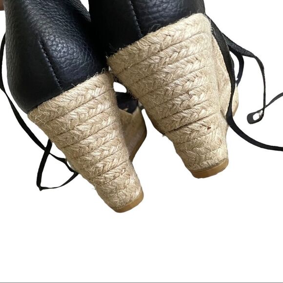GAIMO Black Leather Wedge Espadrilles Sandals Gold Studs Ankle Tie Straps 40 - Picture 9 of 15
